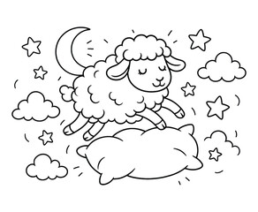 Dreamy Sheep Cartoon Jumping Over Soft Pillow with Moon and Stars Vector Graphic