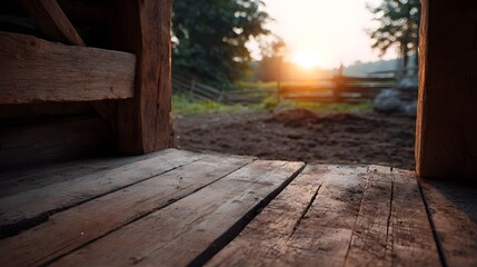 Rustic wooden structure with sunlit planks overlooks a serene rural landscape at sunset