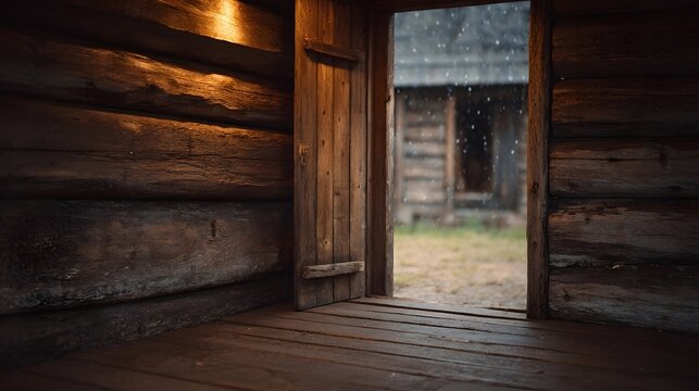 A rustic wooden cabin interior opens to a rainy twilight scene with a blurred background
