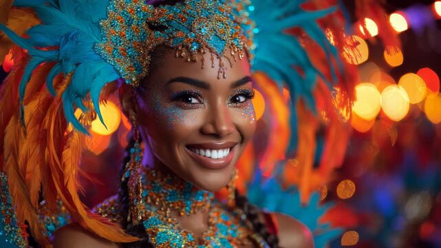 Smiling Woman in Festive Carnival Costume with Feathers and Glitter Makeup