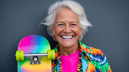 Confident European Senior Woman Skateboard Coach Laughing and Holding a Bright Mini Skateboard

