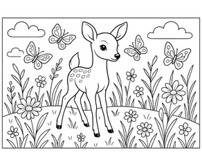 Cute Fawn Standing in Meadow Surrounded by Butterflies and Flowers Vector