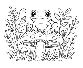 Cartoon Frog Sitting on Mushroom in Grass Surrounded by Leaves Vector Image