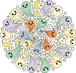 Fototapeta premium Cute cartoon pattern of various pastel colored happy and smiling ghosts floating in a circle with small yellow moons and stars, perfect for halloween or spooky season design