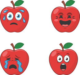 Set of Cartoon Red Apple Characters with Different Facial Expressions and Emotions Vector Illustration
