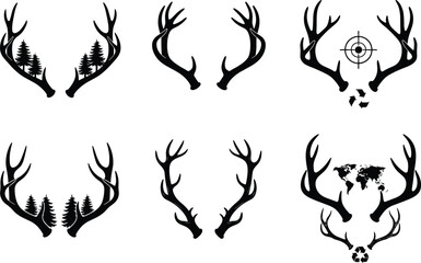 Set of deer antlers silhouettes, vector collection featuring forest trees, hunting target, world map, and recycle symbols for outdoor logo design.