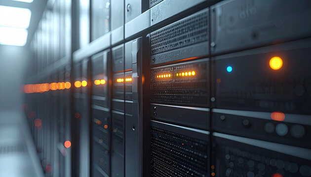 Data Center Serenity: A modern data center hallway with rows of advanced server racks, reflecting the precision and power of information technology.