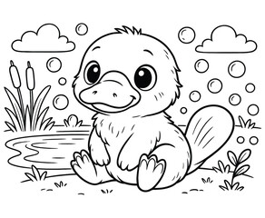 Cute platypus sits near pond with bulrush reeds and bubble on white background