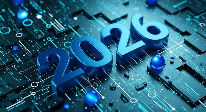Blue 3D numbers 2026 on futuristic circuit board new year
