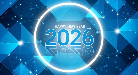 Blue Geometric Background with Glowing Circle and 2026 Text new year