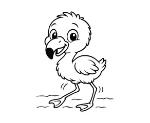 Adorable flamingo chick walking on sand isolated on white background illustration