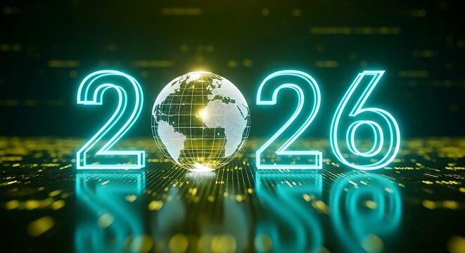 2026 with glowing globe and digital circuit board background new year world