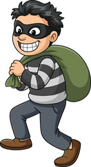 Sneaky Cartoon Thief Character Carrying Stolen Loot Bag Isolated Vector Illustration for Crime and Security (15 words)