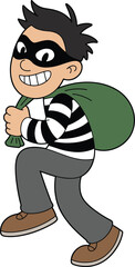 Sneaky Cartoon Thief Character Carrying Stolen Bag Isolated Vector Illustration for Crime and Security Design (15 words)