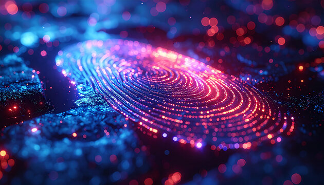 Digital Fingerprint: An illuminated fingerprint glows, symbolizing identity and the fusion of technology and security. Evoking a sense of futuristic protection and connectivity.