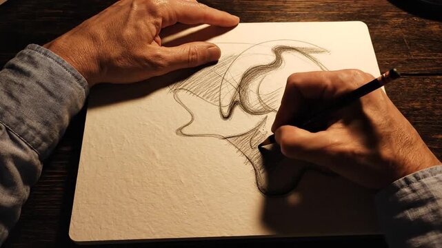 Close-up of hands drawing abstract 3D organic shapes with a pen in a sketchbook, illustrating the creative artistic process.