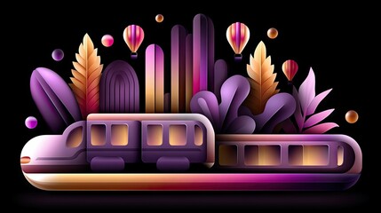 A stylized train travels through a landscape of colorful foliage, hot air balloons, and abstract shapes against a black background.