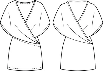 Women's wrap blouse technical fashion flat, vector illustration of draped sleeve top, v-neck clothing design template for apparel.