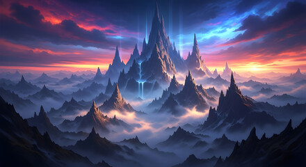 Ethereal Spire: Sunset Over the Crystal Peaks