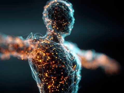 digital wireframe human figure in t-pose with glowing nodes on dark background ample copyspace for text concept of technology innovation connectivity