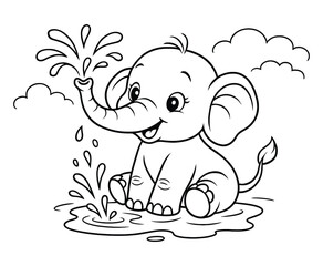 Adorable baby elephant spraying water with trunk outlined vector illustration