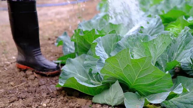 farmer gardener used Watering can for irrigation to water for green cauliflower seedlings plants vegetable in garden. close-up.