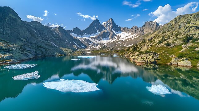 Aerial view of a turquoise lake with icebergs and rocky mountains