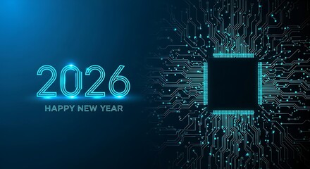 2026 Neon Circuit Board Happy New Year Graphic technology