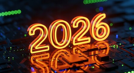 2026 Neon Glow on Circuit Board Technology Background image photo