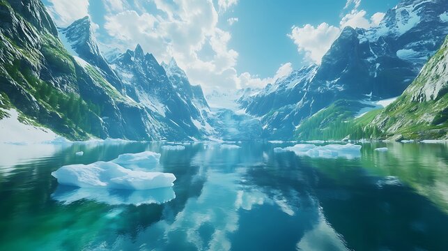 Calm lake reflects snow capped mountains under a cloudy sky view