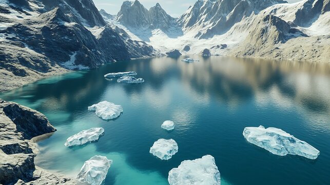 Aerial view of a lake with icebergs and snow covered mountains around - Powered by Adobe