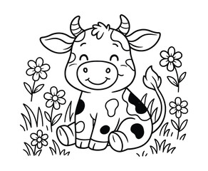 Adorable baby cow illustration in nature with flowers and grass field outline