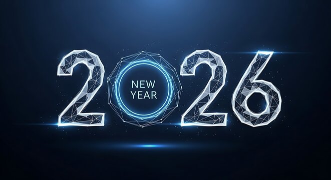 2026 New Year glowing polygonal numbers with digital network effect celebration future - Powered by Adobe