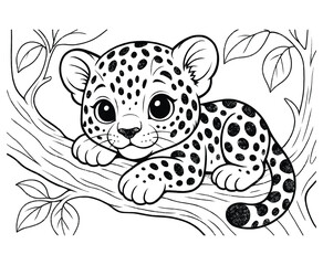 Cute leopard cub illustration resting on branch with leaf spotted pattern