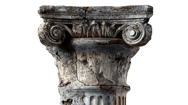 Fototapeta Ancient weathered stone capital with ornate scrolls and acanthus leaves column