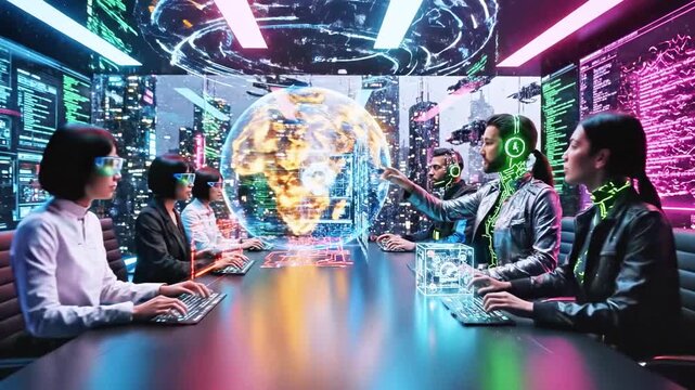 Futuristic tech conference scene. People analyze data with holographic projections in a cyber setting