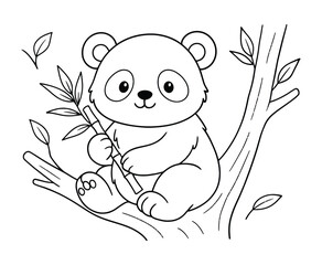 Delightful panda illustration sitting on branch holding bamboo in black white