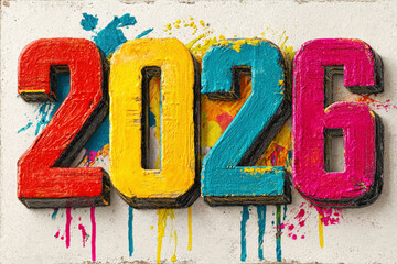 Three Dimensional Painted 2026 Numbers with Dripping Paint Effect on White Wall Background