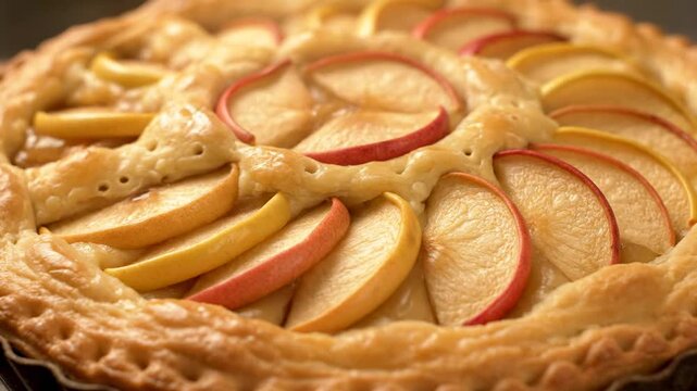 Delicious Apple Pie with Sliced Apples - Close-up of a freshly baked apple pie, showcasing a beautiful arrangement of sliced apples on top.