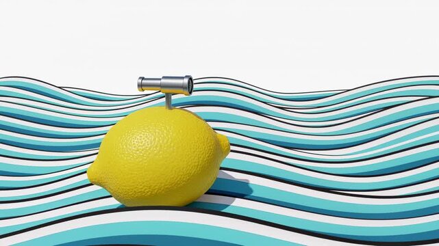 Lemon submarine with periscope over graphic ocean waves &mdash; playful summer exploration, creative fruit concept