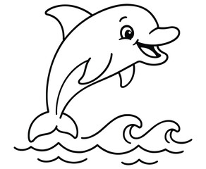 Cartoon Dolphin Jumping Out of Ocean Water with Waves and Smiling Happy