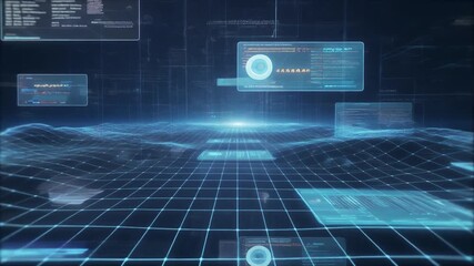 Futuristic abstract digital landscape with glowing blue grid lines and holographic data interfaces, symbolizing global connectivity, information flow, and advanced technological networks - Powered by Adobe