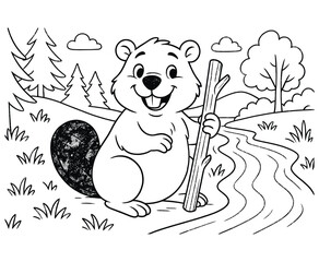 Cartoon Beaver Standing By River Holding Log in Forest Environment Outdoors