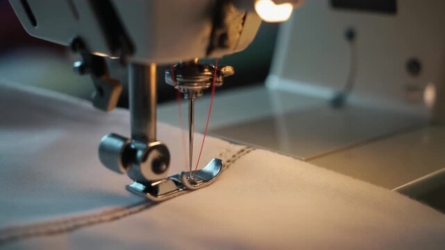 Detailed close-up photograph of a modern sewing machine in action, featuring metallic presser foot, needle, and red thread on light fabric. Shallow depth of field creates artistic blur in background, 
