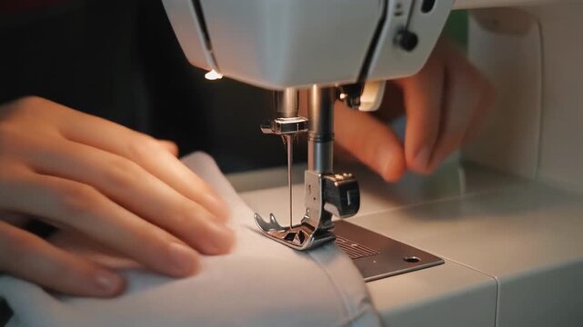 Close-up of hands carefully guiding light-colored fabric through a professional sewing machine. Warm lighting illuminates the workspace, highlighting the precision and care of textile craftsmanship. P