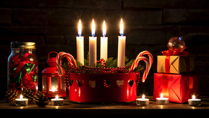 Advent Candle Holder with Festive Decorations on Dark Chalkboard Background