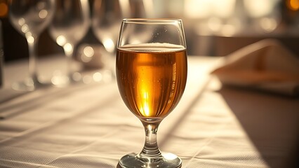 Obraz premium refractive. Crystal wine glass with golden liquid, backlight creating a refractive glow on textured cloth. bar promotions, beverage menus, designed for product packaging and bar promotions.