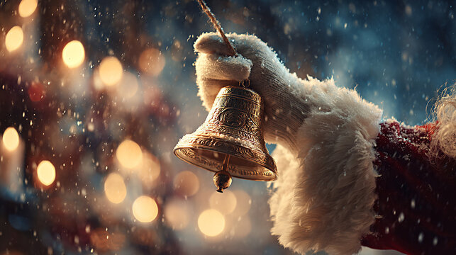 Santa's hand holding a golden bell, surrounded by falling snowflakes, creating a magical holiday atmosphere with twinkling lights in the background, evoking festive cheer and joy