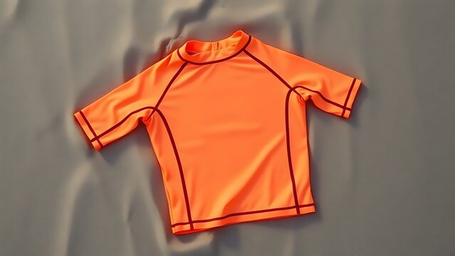 rashguard. Neon surf rashguard laid flat on wet sand, material stretched. lifestyle magazines, social media lookbooks, designed for lifestyle magazines and social media content.