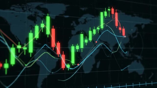 Financial Market Analysis Charts - An animated graphic depicts financial market analysis with dynamic candlestick charts.